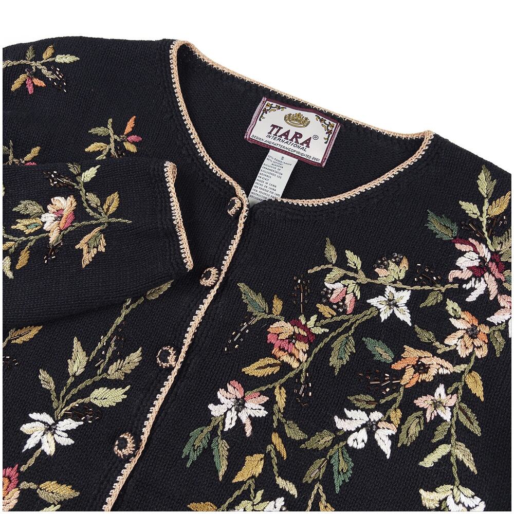 Tiara VTG Floral Embroidered Cardigan Sweater M Black Y2K Coquette Romantic 00s